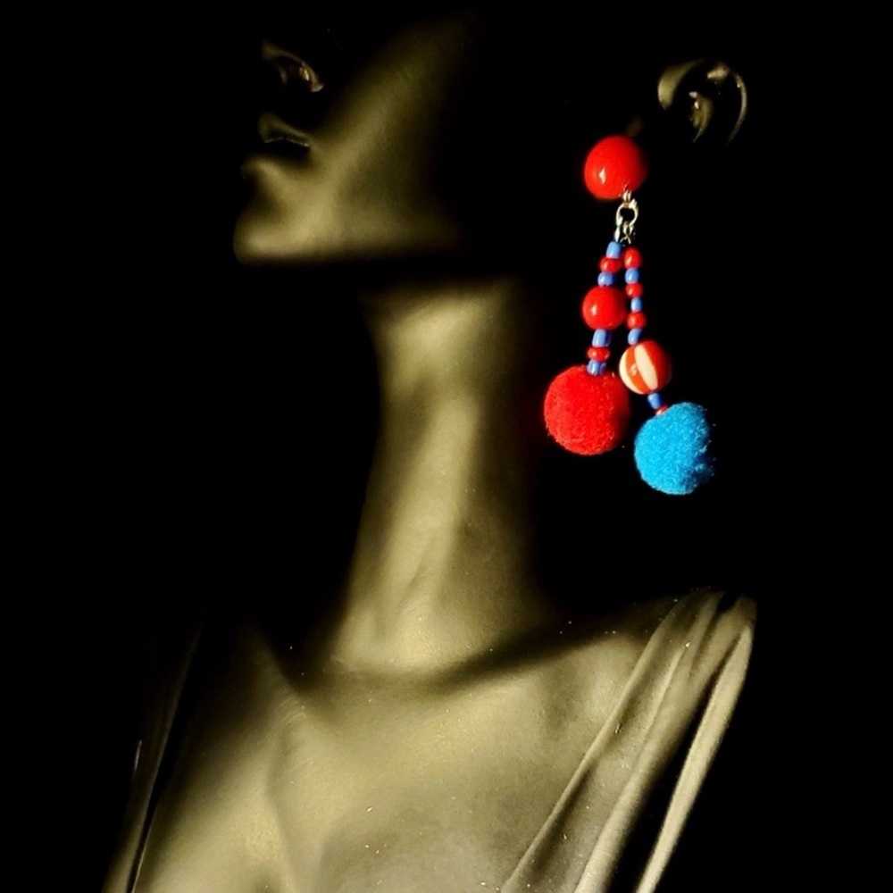 Colorful Red and Blue Pom-Pom Drop Earrings for Women